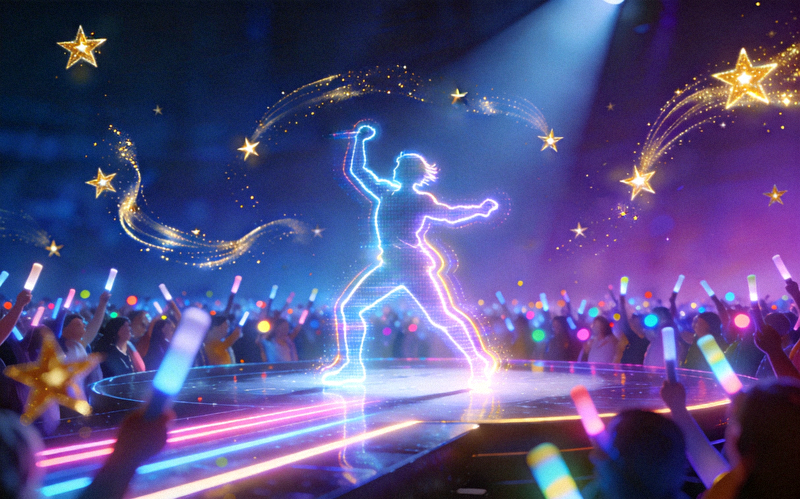 星光舞台用户才艺表演概念图 - 一个宏伟的虚拟舞台，聚光灯聚焦于正在表演的用户全息形象，台下是无数挥舞着荧光棒的虚拟观众，空中漂浮着打赏的星光特效